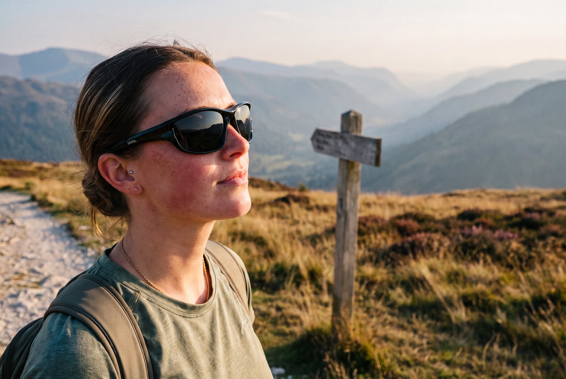Wanderin mit SESTO. ARIO Sonnenbrille auf einem Bergweg, Bergketten im Abendlicht