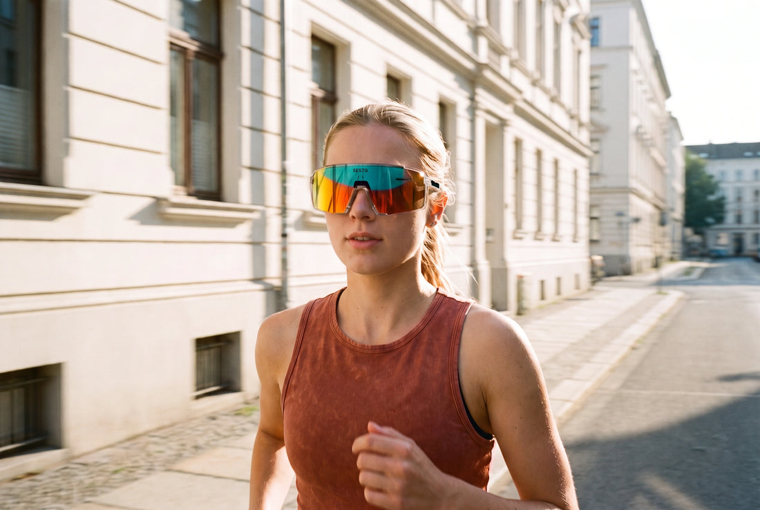 Laeuferin mit SESTO. SOLE Sportbrille mit orange verspiegeltem Glas, Stadtstrasse im Abendlicht
