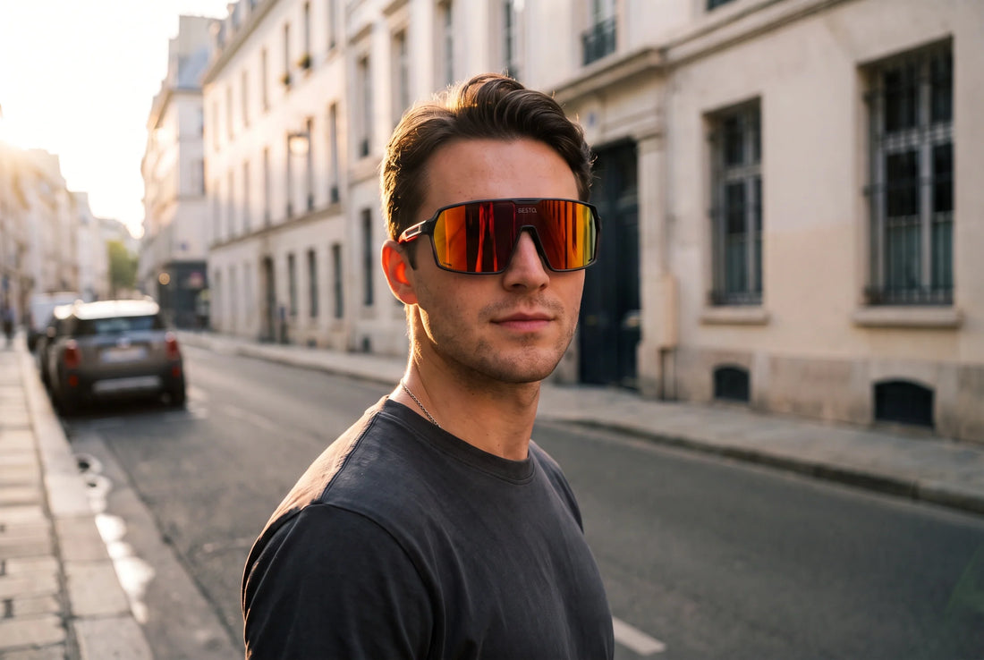Junger Mann mit SESTO. GIRO Sportbrille im Shield-Design, Stadtstrasse im Abendlicht