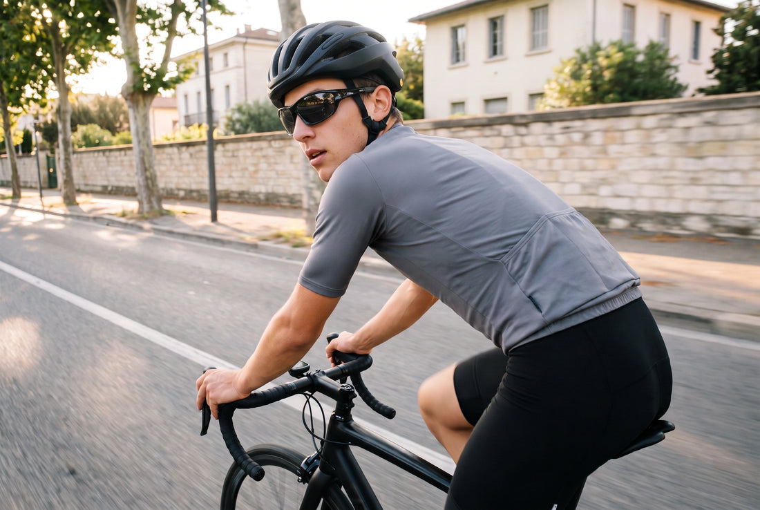 Rennradfahrer mit SESTO. ARIO Sportbrille in Schwarz auf einer Strasse im Abendlicht