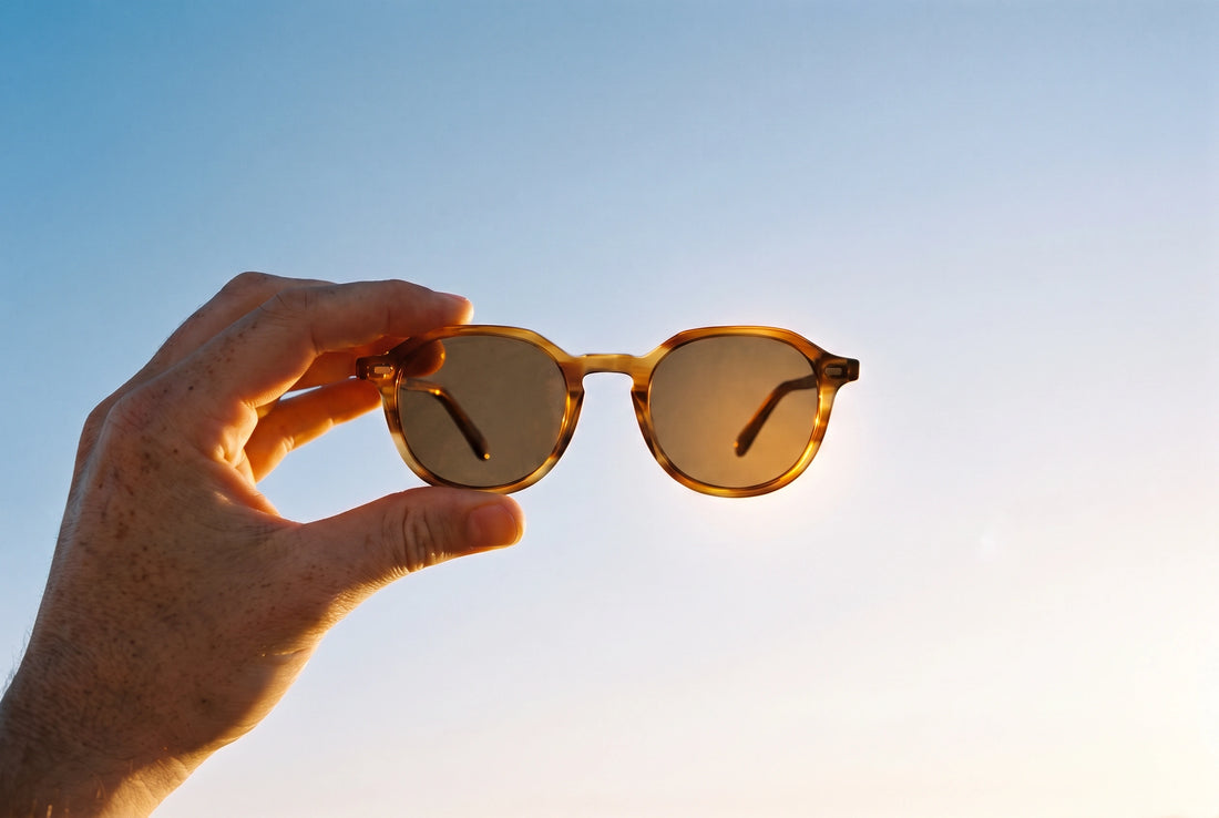 SESTO. ALTO Sonnenbrille gegen den Himmel gehalten, getöntes Glas im Vergleich zum Himmel daneben