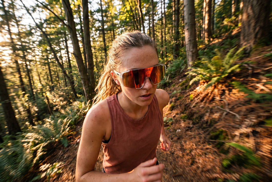 Trailrunnerin mit SESTO. SOLE Sportbrille auf einem Waldtrail im Gegenlicht